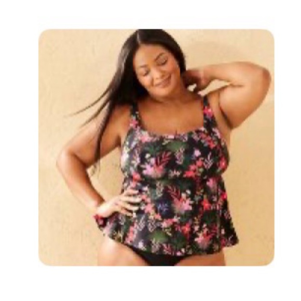 Shade & Shore Floral Square Neck Shirred Babydoll Tankini Top Size 1X New